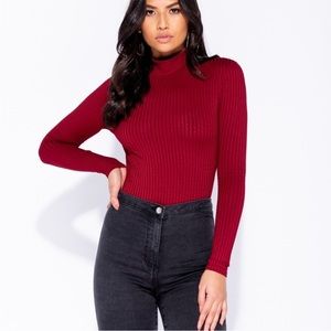 Wine Ribbed Knit Black Bodysuit